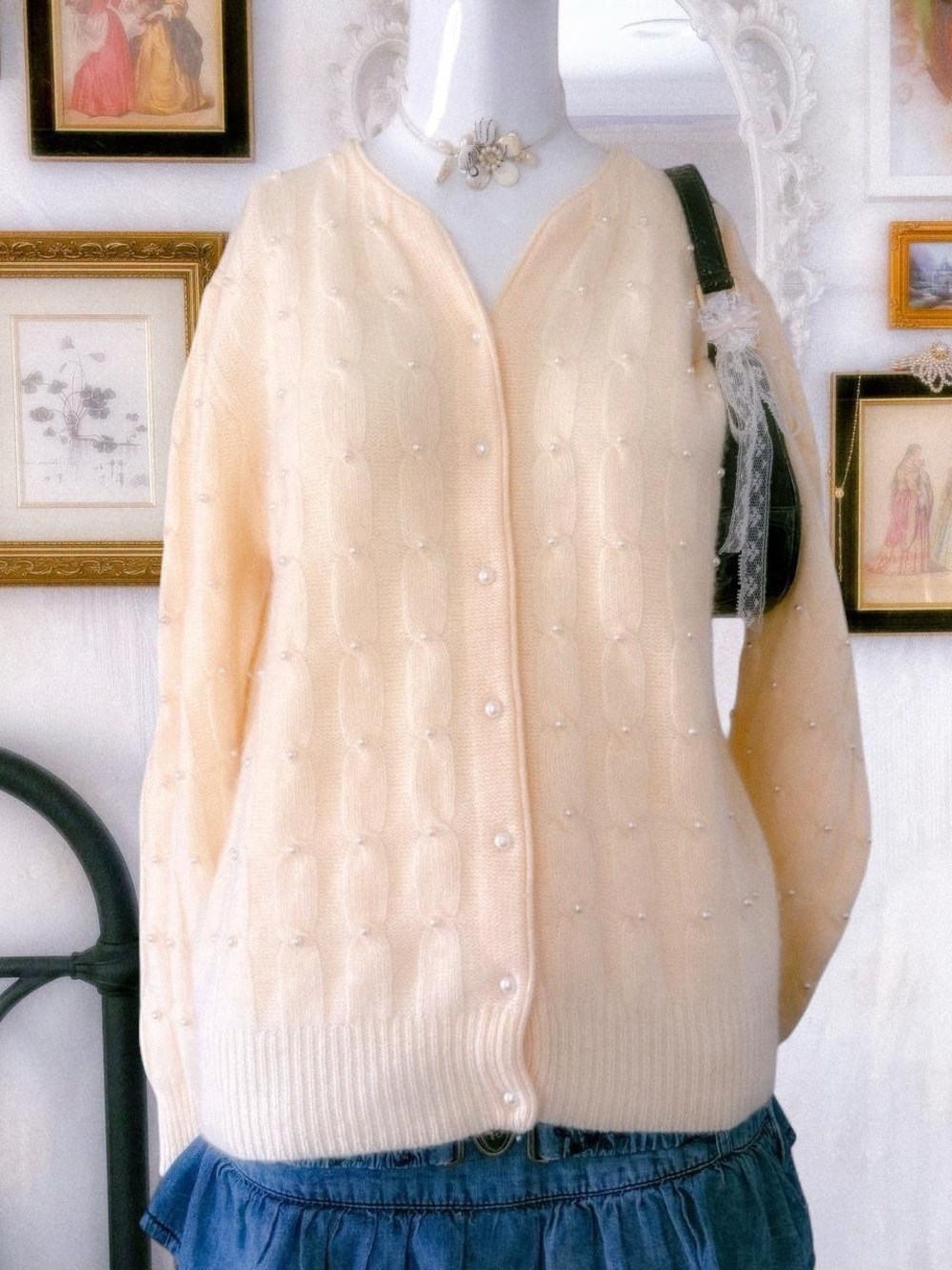 Vintage coquette pearl beaded ivory cardigan